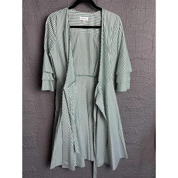 Calvin Klein Women's 4 Striped Bell Sleeve Cotton Wrap Dress Pockets Green White - Picture 7 of 12
